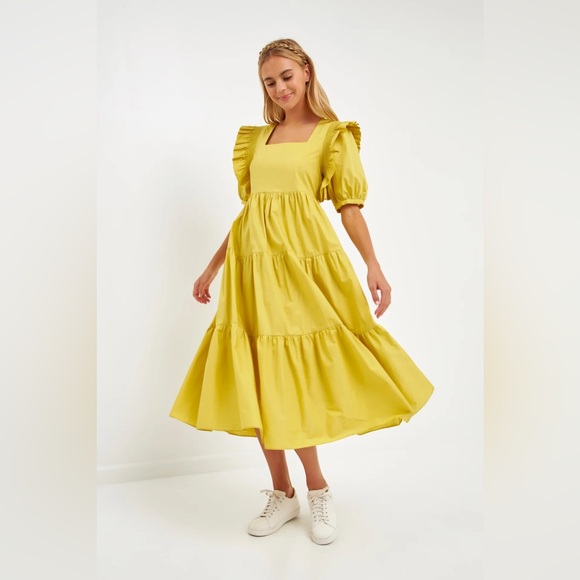 English Factory Square Neck Ruffle Smocked Detail Midi Dress Yellow Lime - Picture 1 of 11